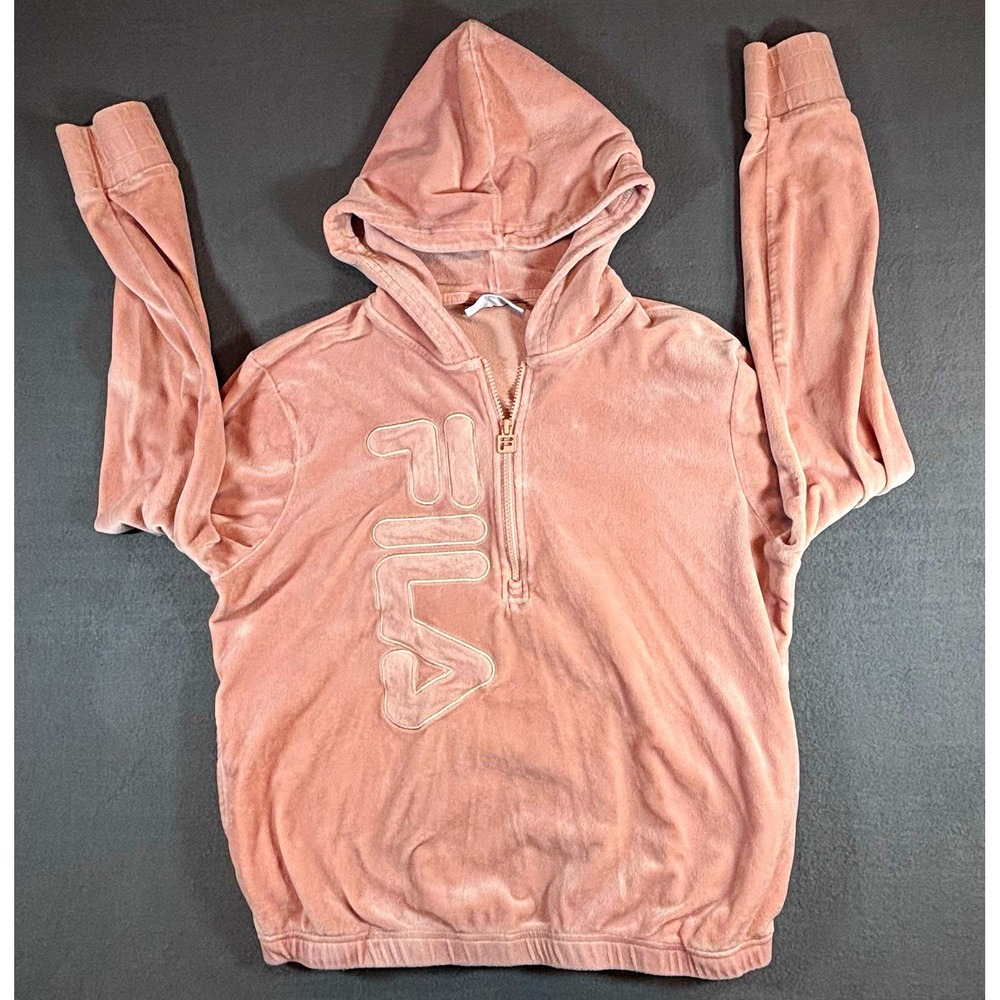 FILA Womens M Pink Velour Hoodie 1/4 Zip Big Logo Y2K McBling Athleisure Retro
